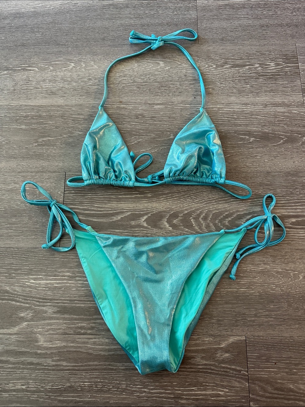 Becca Swim Shimmery Teal Tie-Side Triangle Bikini Set Large